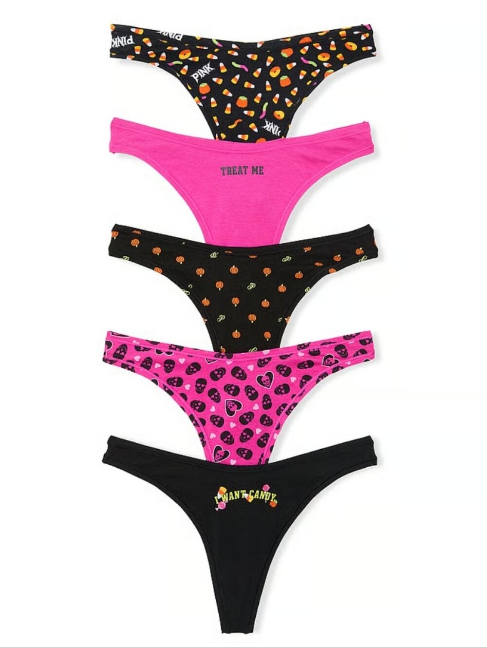 NEW Victoria's Secret PINK Halloween 5-Pack Cotton Thong Panties Sz Medium